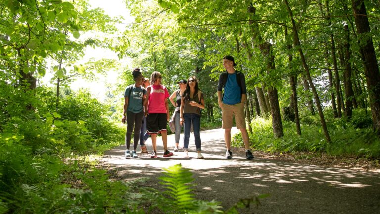 Ϲ students walking on the Ϲ Duluth campus trails.